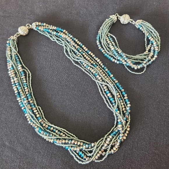 Premier Designs Jewelry - Premier Designs Teal and Silver Multi-Strand Beaded Necklace & Bracelet Set